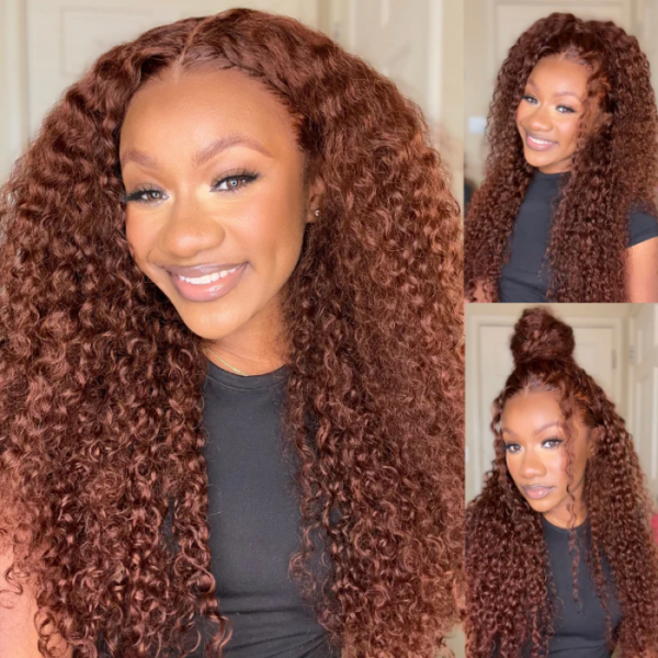 Sunber Kinky Curly Reddish Brown 6x4.75 Pre-Cut Lace Closure Wig Human Hair Glueless Wig - 24 / 6*4.75 Pre-Cut-With Baby Hair / 150%