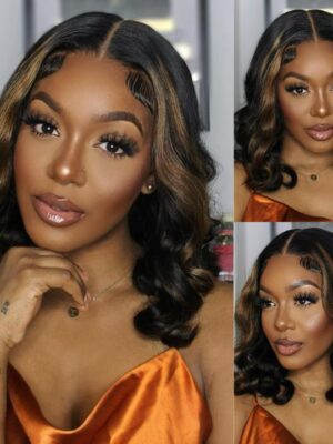 Wear&Go 1B/27# Piano Highlights Color Body Wave Transparent Lace Wig Short Bob Human Hair Wig - 5x5 / 150% / 14inch