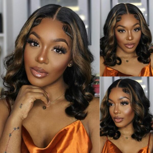 Wear&Go 1B/27# Piano Highlights Color Body Wave Transparent Lace Wig Short Bob Human Hair Wig - 5x5 / 150% / 14inch