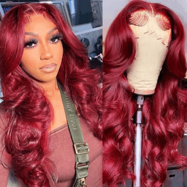 #99J Burgundy Color Wig Body Wave Wig 4x4/13x4/13x6 Lace Front Wig Pre-Cut 150% Density - 4x4 Lace / No / 18inch