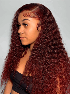 Pre-Cut Lace Wear Go Glueless Wig Burgundy Pure Color Curly Breathable - 4x4 Lace / 180% Density / 16 inch