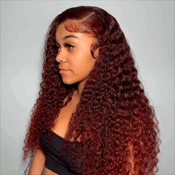 Pre-Cut Lace Wear Go Glueless Wig Burgundy Pure Color Curly Breathable - 4x4 Lace / 180% Density / 24 inch