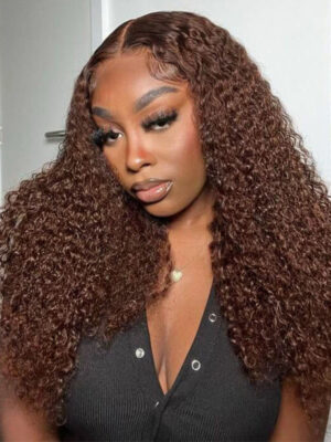 Chestnut Brown Curly Wig Pre Plucked Closure HD Lace Front Wigs 150% Density - 13x4 Lace / NO / 30inch