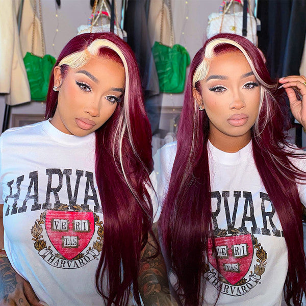 Blond With Burgundy Highlights Color 13x4 Transparent Lace Pre-plucked Human Hair Wigs - No / 150% / 18inch