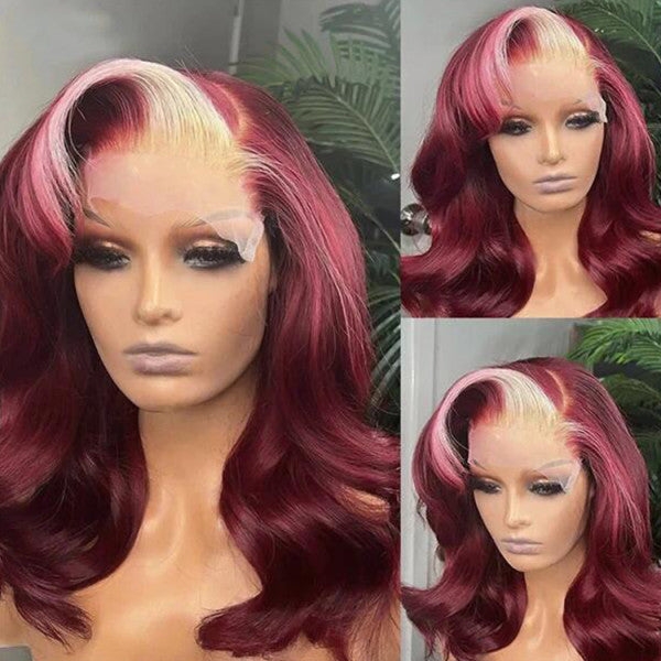 Blond With Burgundy Highlights Color 13x4 Transparent Lace Pre-plucked Human Hair Wigs - No / 150% / 18inch