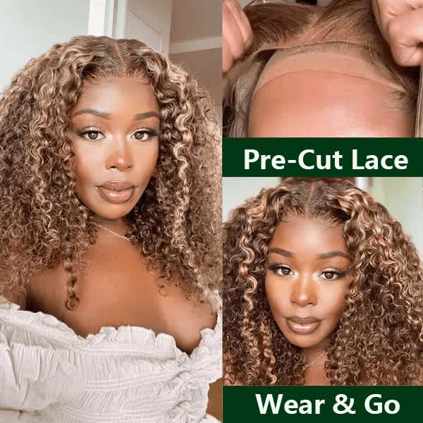 Pre-Cut Lace Wear Go Glueless Wig Honey Blonde With Brown Piano Color Curly Breathable - 4x4 Lace / 26 inch