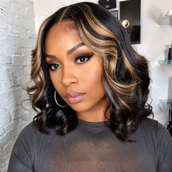 Wear&Go 1B/27# Piano Highlights Color Body Wave Transparent Lace Wig Short Bob Human Hair Wig - 5x5 / 150% / 14inch