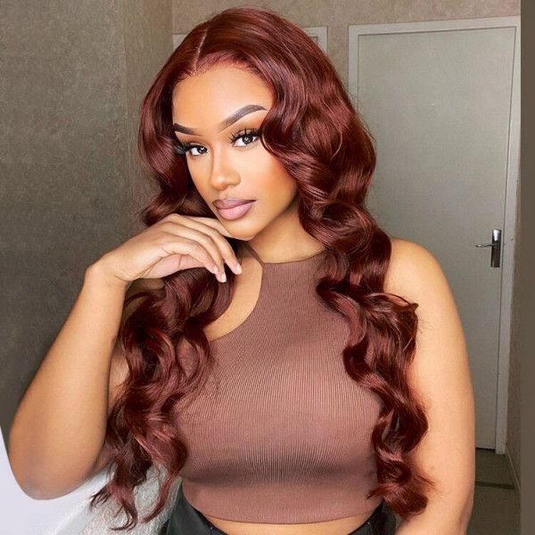 #33 Reddish Brown Wig Body Wave Wig HD Lace Front Wigs 180% Density Human Hair Wigs - 13x6 Lace / NO / 26inch