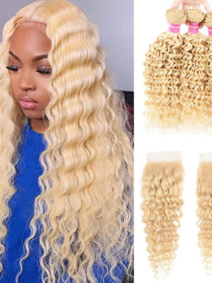 Sunber Hair 613 Blonde Deep Wave 3PCS With 4X4 Lace Closure 100% Virgin Human Hair Weaves - 16 18 20+12