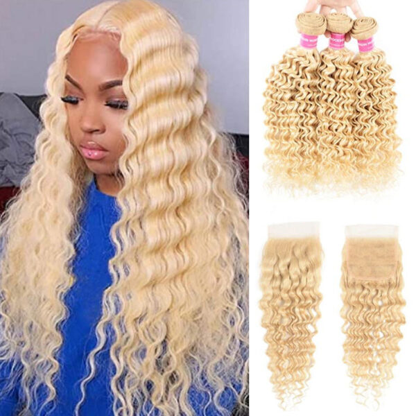 Sunber Hair 613 Blonde Deep Wave 3PCS With 4X4 Lace Closure 100% Virgin Human Hair Weaves - 14 16 18+10