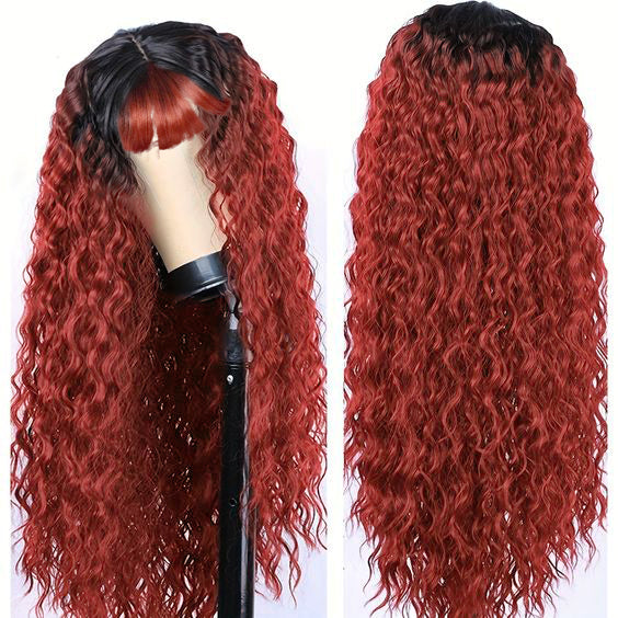 Glueless Wigs Black Omber Reddish Brown Curly Wig With Bangs Transparent Lace Front Wig - 4x4 / 150% / 24inch