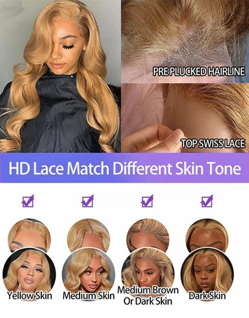 Clear Lace Body Wave 4x4/13x4/13x6 HD Lace Front Wigs 180% Density Human Hair For Honey Blonde Color - 13x6 Lace / Yes（+） / 28