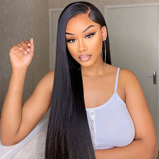 Pre-Cut Glueless Wig Natual Black Straight Human Hair Beginner Wear & Go Wigs - 4x4 Lace / 150% / 22 inch