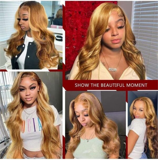Honey Blonde Highlight Glueless Wig Body Wave 4x4 Closure Lace Front Wigs 100% Virgin Human Hair Wigs - 13x4 Lace / 20inch