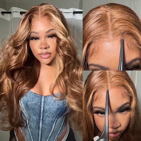 Honey Blonde Highlight Glueless Wig Body Wave 4x4 Closure Lace Front Wigs 100% Virgin Human Hair Wigs - 13x4 Lace / 20inch