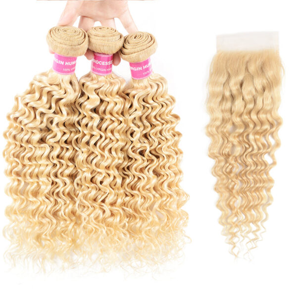 Sunber Hair 613 Blonde Deep Wave 3PCS With 4X4 Lace Closure 100% Virgin Human Hair Weaves - 14 16 18+10