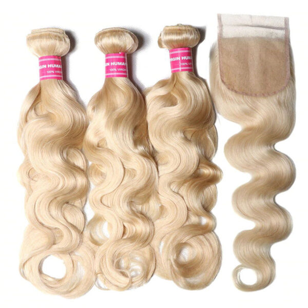 Sunber Hair 3 Bundles 613 Blonde Body Wave Human Hair Weaves With 4X4 Lace Closure - 14 16 18+14