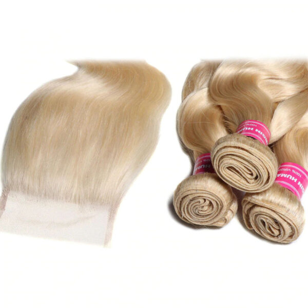Sunber Hair 3 Bundles 613 Blonde Body Wave Human Hair Weaves With 4X4 Lace Closure - 14 16 18+14