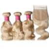 Sunber Hair 3 Bundles 613 Blonde Body Wave Human Hair Weaves With 4X4 Lace Closure - 14 16 18+14