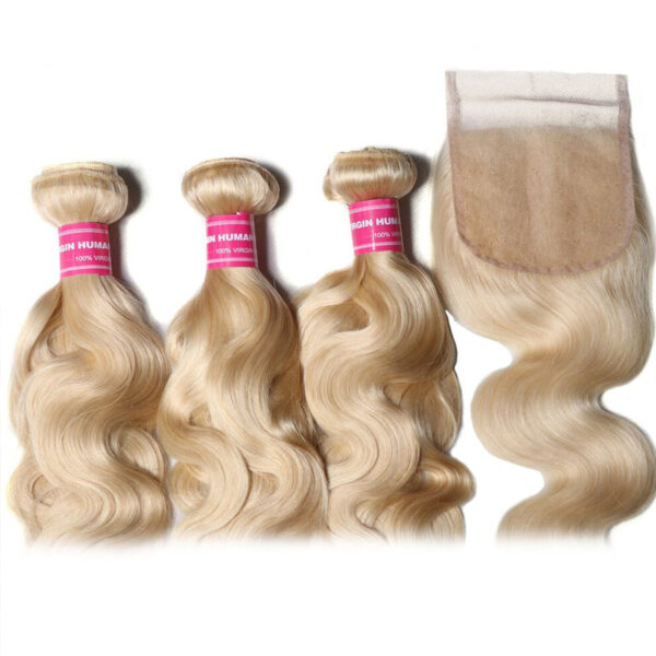 Sunber Hair 3 Bundles 613 Blonde Body Wave Human Hair Weaves With 4X4 Lace Closure - 14 16 18+14