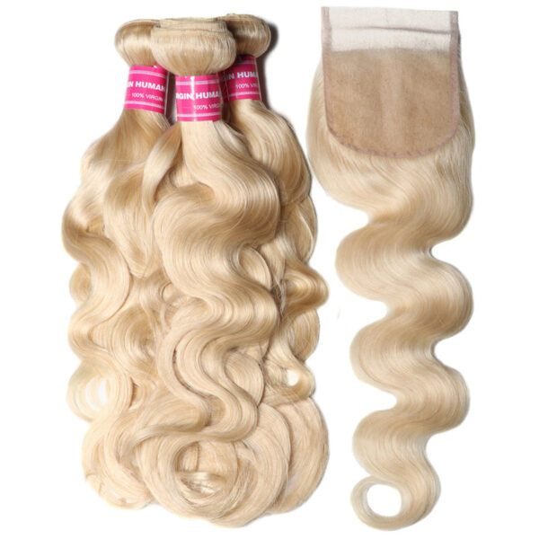 Sunber Hair 3 Bundles 613 Blonde Body Wave Human Hair Weaves With 4X4 Lace Closure - 14 16 18+14
