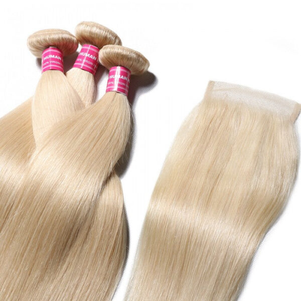 Sunber Hair 3 Bundles 613 Blonde Straight Human Hair Weaves With 4X4 Lace Closure - 12 12 12+10
