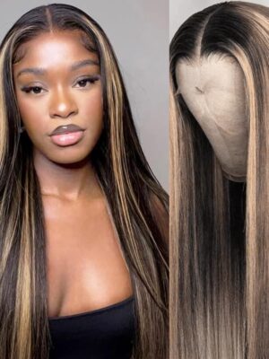 Pre-Cut Lace Wear Go Glueless Wig Black With Honey Blonde Piano Color Straight Breathable - 5x5 Lace / 150% Density / 30 inch
