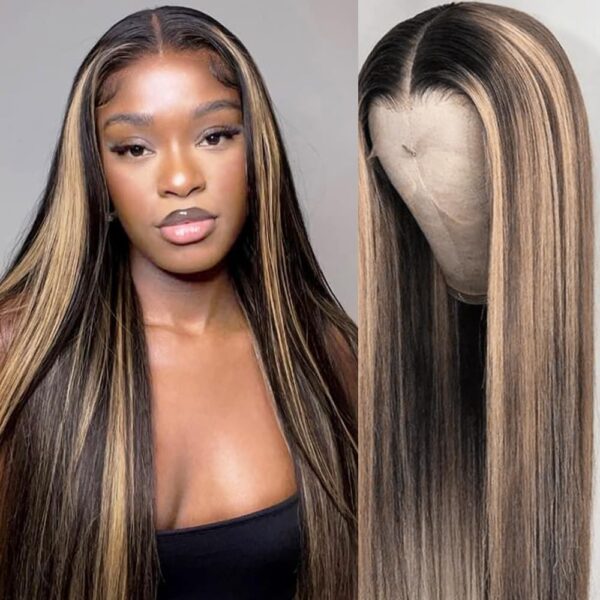 Pre-Cut Lace Wear Go Glueless Wig Black With Honey Blonde Piano Color Straight Breathable - 5x5 Lace / 150% Density / 30 inch