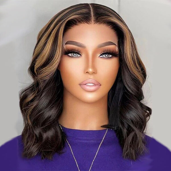 Wear&Go 1B/27# Piano Highlights Color Body Wave Transparent Lace Wig Short Bob Human Hair Wig - 5x5 / 150% / 14inch