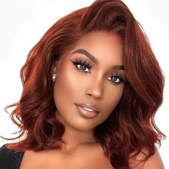 #33 Reddish Brown Body Wave Hair HD Lace 180% Density Short Bob Human Hair Wig - 4x4 Lace / 180% / 12inch
