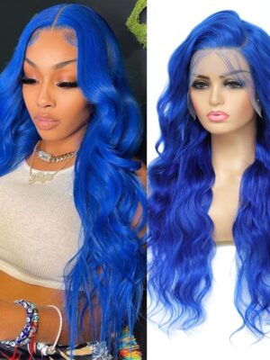 Blue Lace Front Wig Human Hair 13x4 HD Body Wave Human Hair Lace Front Wigs Pre Plucked Colored Blue Lace Front Wig 180% Desity - 4x4 Lace / NO / 18in