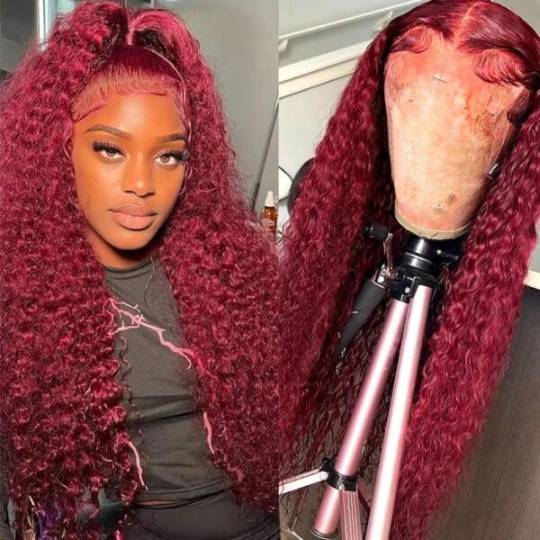 Pre-Cut Lace Wear Go Glueless Wig Burgundy Pure Color Curly Breathable - 4x4 Lace / 180% Density / 24 inch