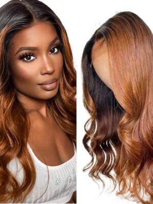 Black With Light Brown Ombre Color Body Wave Virgin Wig HD Lace Wig Human Hair Wig - 4x4 Lace / NO / 28inch