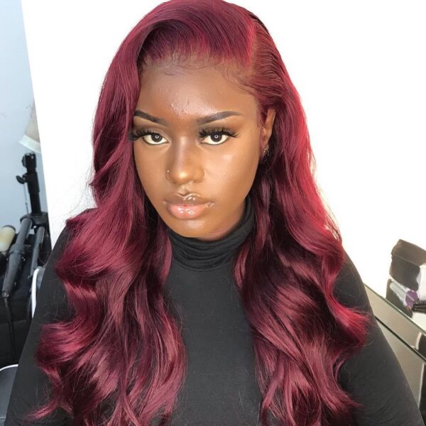 Pre-Cut Lace Wear Go Glueless Wig Burgundy Pure Color Body Wave Breathable - 4x4 Lace / 180% Density / 32 inch
