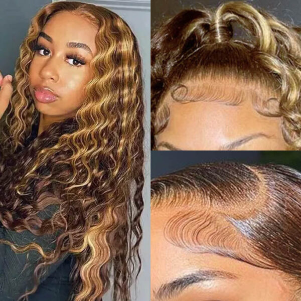 Honey Blonde Piano Highlight Color 180% Density Deep Wave13x4 Lace Front Transparent Frontal HD Lace Wig - 4x4 Lace / Yes（+） / 32inch
