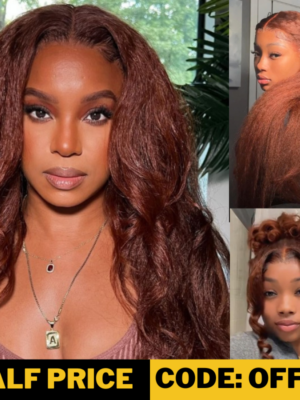 50% OFF Sunber Kinky Straight Reddish Brown Lace Front Wig Dark Auburn Copper Color Human Hair Wigs - 22 / 13*4 Lace Frontal