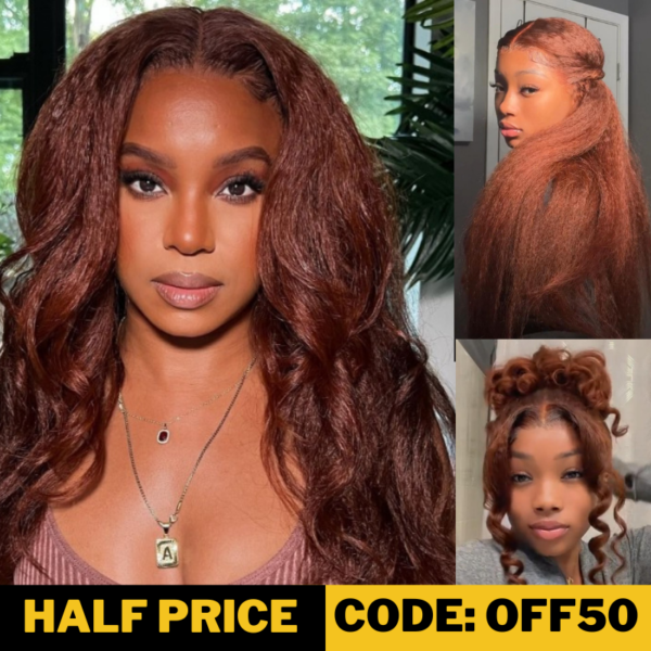 50% OFF Sunber Kinky Straight Reddish Brown Lace Front Wig Dark Auburn Copper Color Human Hair Wigs - 22 / 13*4 Lace Frontal