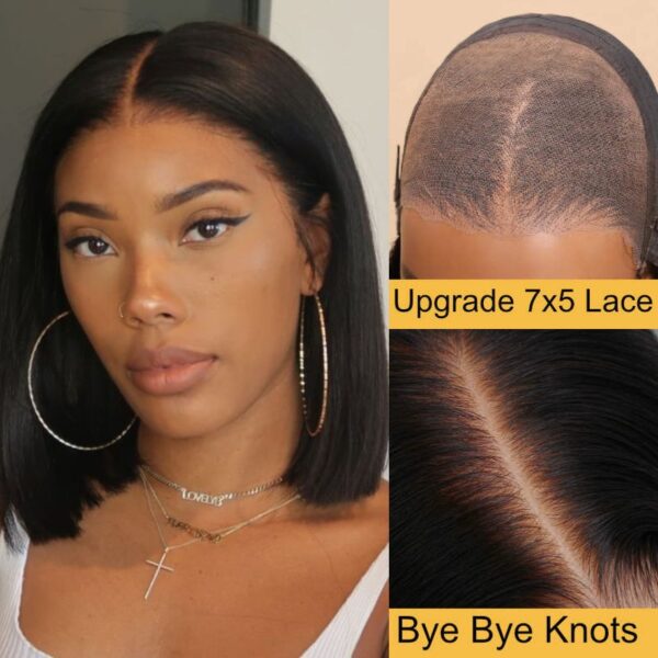 Sunber 0 Off Blunt Cut Bob Pre-Cut Lace Wigs 7x5 Lace Closure Human Hair Wig Pre-plucked - 14 /  7*5 Bye Bye Knots / Yaki Straight