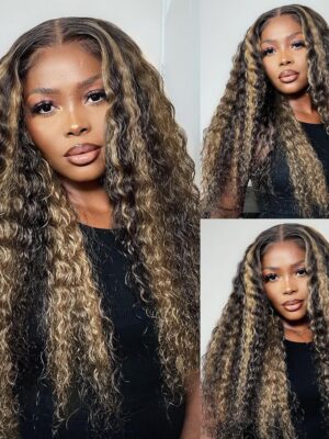 Pre-Cut Lace Wear Go Glueless Wig Black With Honey Blonde Piano Color Curly Breathable - 4x4 Lace / 150% Density / 28 inch