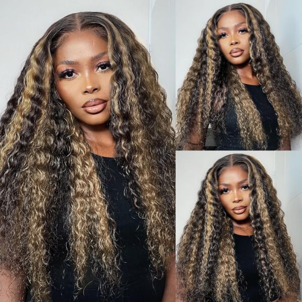 Pre-Cut Lace Wear Go Glueless Wig Black With Honey Blonde Piano Color Curly Breathable - 4x4 Lace / 150% Density / 14 inch