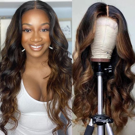 1B/30 Wig Balayage Highlight Body Wave Wig Pre-plucked HD Lace Front Wig - 13x6 Lace / Yes( +.00) / 30inch