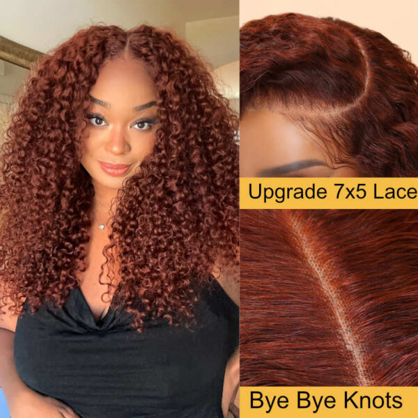 Extra 60% OFF | Sunber Reddish Brown Jerry Curly 13x4/7×5 Bye Bye Knots Lace Front Wig Real Human Hair - 20 / 7×5 Bye Bye Knots-180%