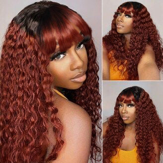 Glueless Wigs Black Omber Reddish Brown Curly Wig With Bangs Transparent Lace Front Wig - 4x4 / 150% / 24inch