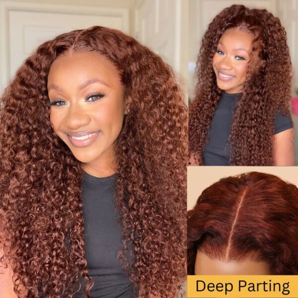 Sunber Reddish Brown Jerry Curly Pre Cut Glueless Lace Wig Human Hair Wigs Flash Sale - 24 / 6x4.75 Pre-Cut Lace