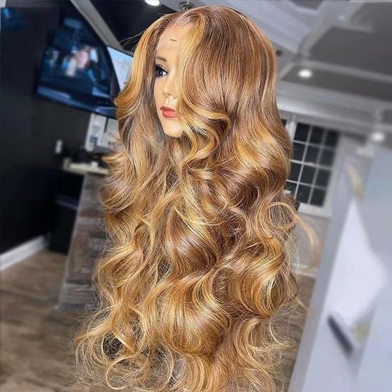 Honey Blonde Highlight Glueless Wig Body Wave 4x4 Closure Lace Front Wigs 100% Virgin Human Hair Wigs - 13x4 Lace / 20inch