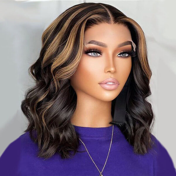 Wear&Go 1B/27# Piano Highlights Color Body Wave Transparent Lace Wig Short Bob Human Hair Wig - 5x5 / 150% / 14inch