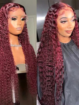 Burgundy Curly Wigs 150% Density Pre-Cut 4x4/13x4/13x6 HD Transparent Lace Wig - 13x4 Lace / Yes（+） / 24inch