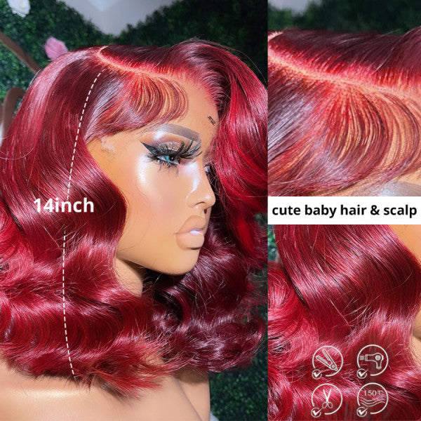 Burgundy Color Short Body Wave Bob Wigs Glueless HD 4x4 Lace Front Wigs Human Hair For Woman - 4x4 Lace / 150% / 14inch