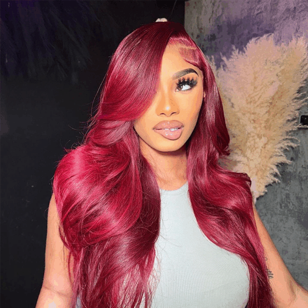 #99J Burgundy Color Wig Body Wave Wig 4x4/13x4/13x6 Lace Front Wig Pre-Cut 150% Density - 4x4 Lace / No / 18inch