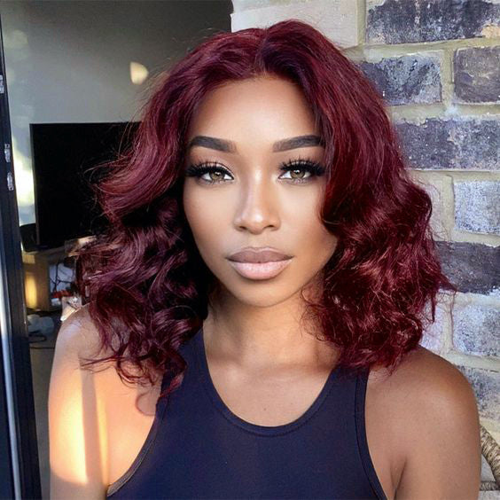 Burgundy Color Short Body Wave Bob Wigs Glueless HD 4x4 Lace Front Wigs Human Hair For Woman - 4x4 Lace / 150% / 14inch
